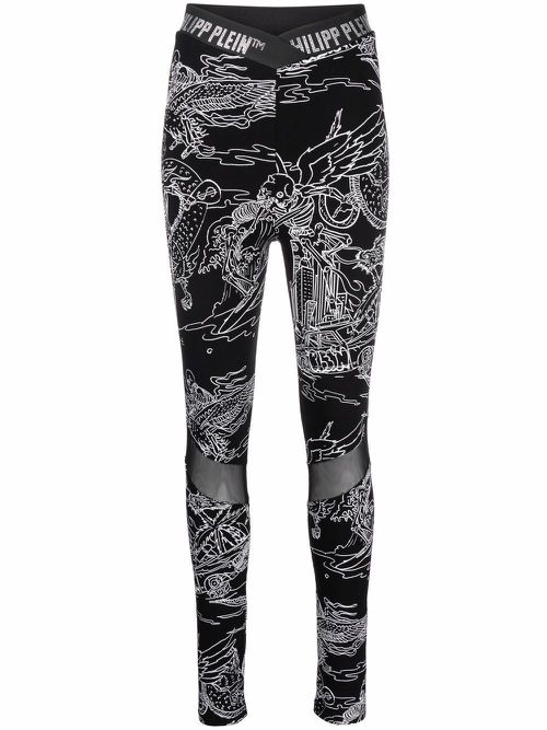 High-waist tattoo-print leggings - Black