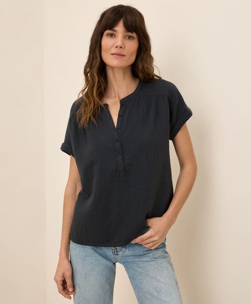 Women's Black Coastal Double Gauze Short Sleeve Popover