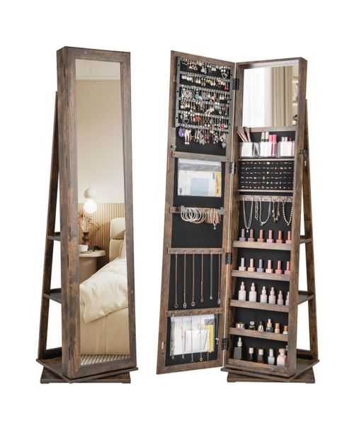 360degree(s) Swivel Jewelry Armoire with Full-Length Mirror Rear Shelves Makeup Mirror - Brown