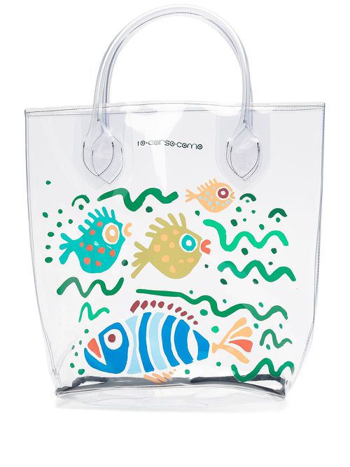 Large fish-print transparent tote bag - White