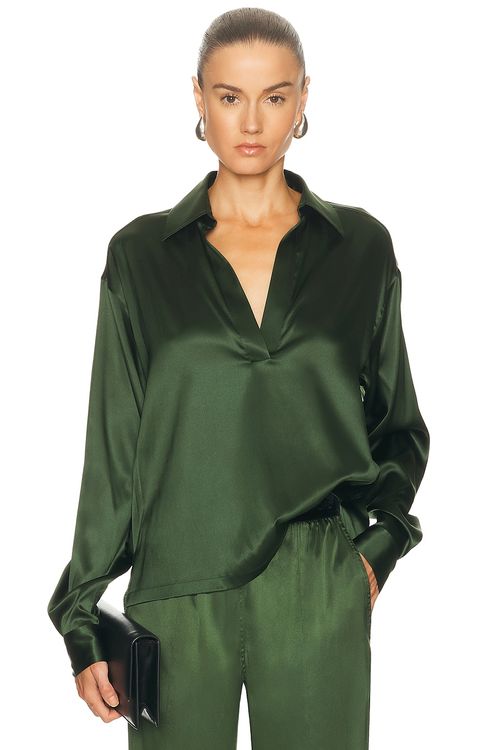 TOM FORD Satin Polo Top in Moss Green - Dark Green. 42 also in