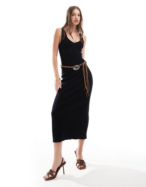 Knitted ribbed midi dress in black