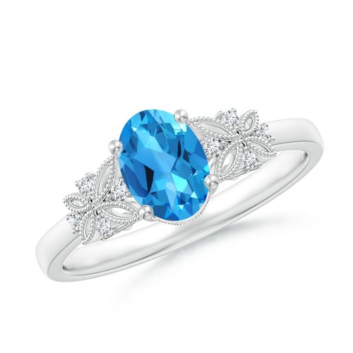 Angara 0.95 Carat Vintage Style Oval Swiss Blue Topaz Ring with Diamonds in Platinum