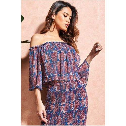 City Goddess Off The Shoulder Printed Crop Top - Blue
