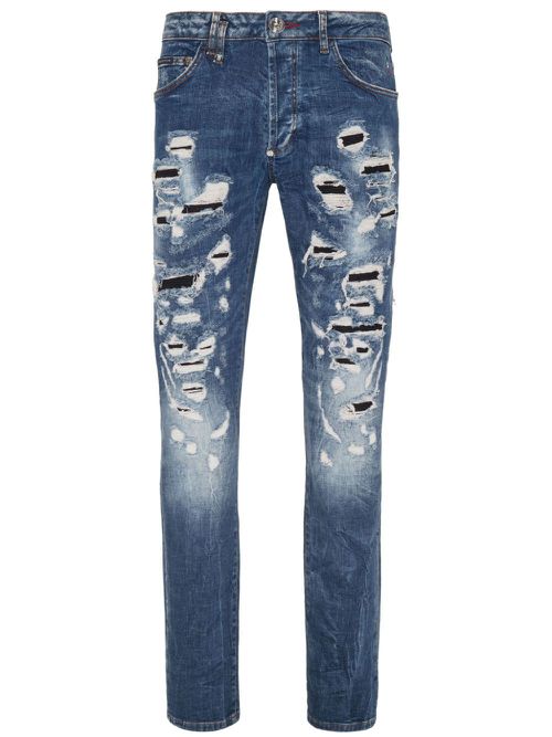 Distressed-effect mid-rise slim-cut jeans - Blue