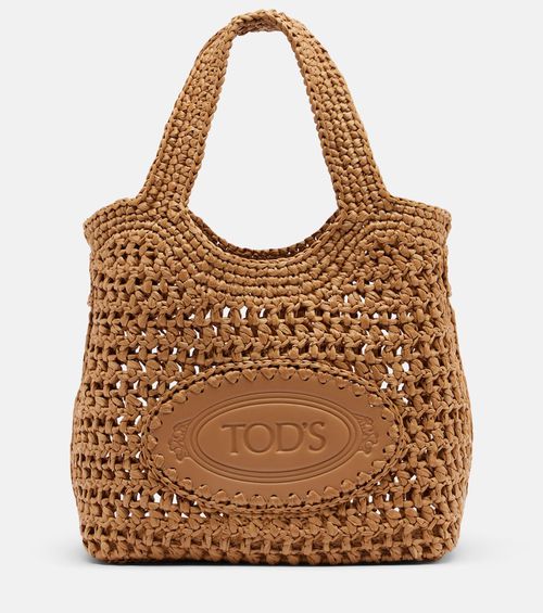 Logo leather-trimmed raffia tote bag