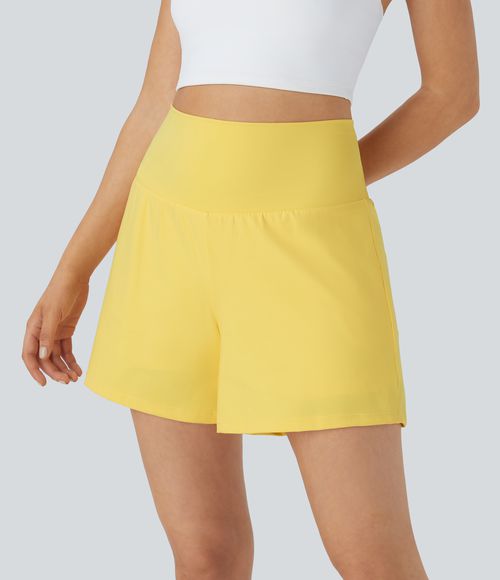 Super High Waisted Pocket & Pocket 2-in-1 Yoga Shorts 5''-Longer Length Gym Short - Goldfinch