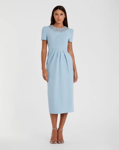 Blue Rhinestone Neckline Dress In