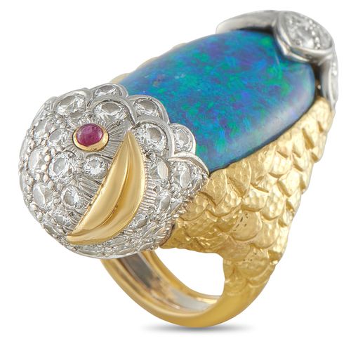 Vintage 18K Yellow Gold 4.32ct Diamond and Opal Fish Ring DW03-040826