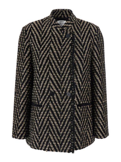 Chevron Patterned Sequin-Embellished Coat — Black