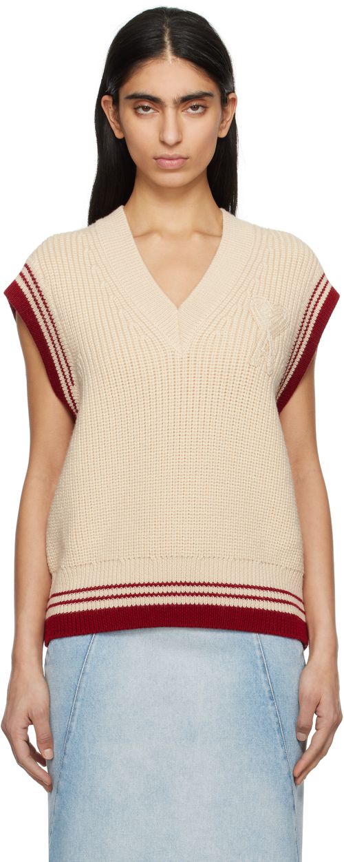 AMI Paris Beige Wool Ribbed Sleeveless V Neck Vest
