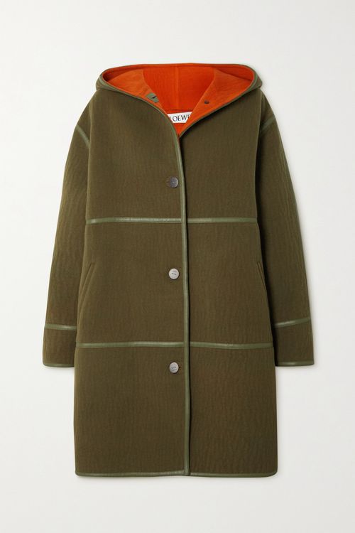 Mantel aus Wollfilz mit Lederbesatz und Kapuze – Grün – FR34