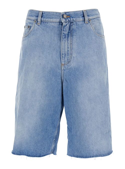 Blue Five-pocket Bermuda Shorts With Logo Patch On The Back In Denim Man