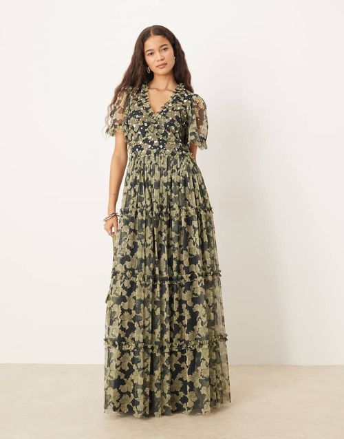 Sequin v neck floral maxi dress in black