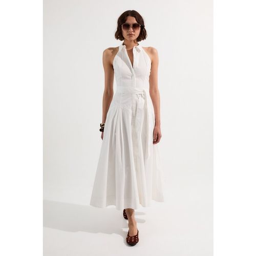 Karen Millen Womens Petite Cotton Collared Halter Neck Woven Midi Shirt Dress With Dropped Waist Detail - White