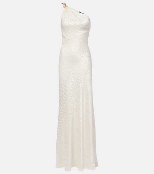 Snake-print one-shoulder gown