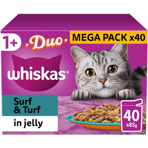 Whiskas Adult Wet Cat Food Pouches in Jelly, 1+ Years Duo Surf & Turf Multipack with Tuna & Beef, 40 x 85g