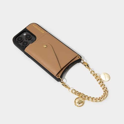 Maya Wristlet Phone Case in Tan/Gold | iPhone 15 Pro Max | Genuine Leather | 