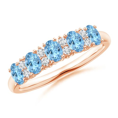 Angara 0.75 Carat Five Stone Aquamarine and Diamond Wedding Ring in 14K Rose Gold