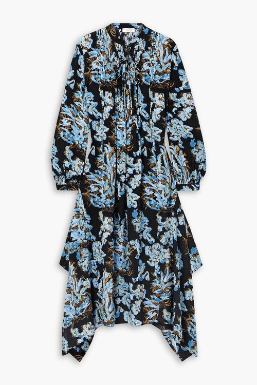 Asymmetric pintucked floral-print silk midi dress