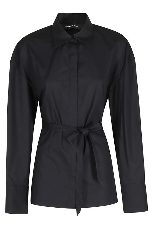 Camicia Cropped In Popeline Con Cintura Black Cotton Elastan - Women