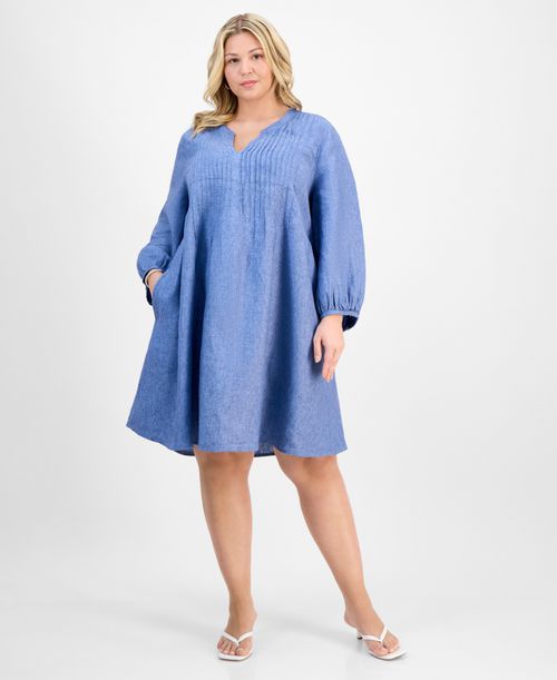 Plus Size Linen Pleated Blouson-Sleeve Shift Dress, Exclusively at Macy's - Blue Ocean