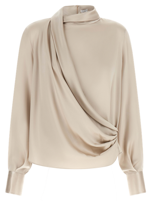 Asymmetrical Draped Silk Blouse — Beige