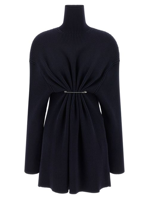 Ribbed Wool with Safety Pin Waist Tunic Dress — Navy
