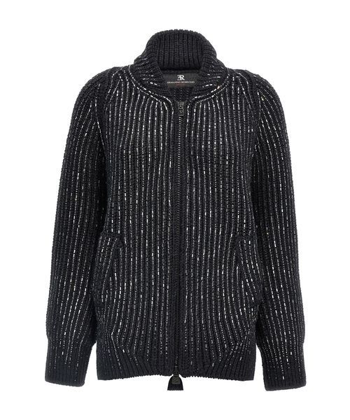 Rhinestone Embellished Zipped Knit Cardigan