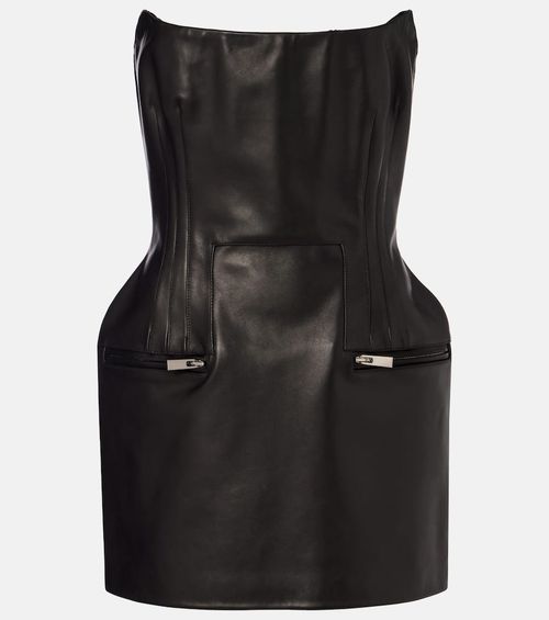 Off-shoulder leather bustier minidress