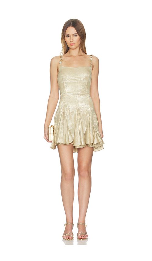 Azeeza Solenne Mini Dress in Metallic Gold. L. Also in M