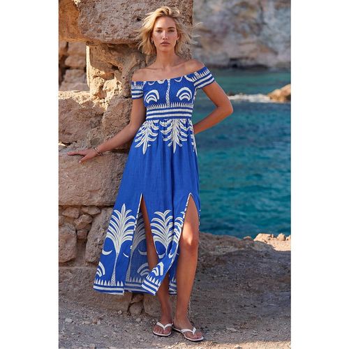 Roman Womens Leaf Print Shirred Bardot Dress - Blue
