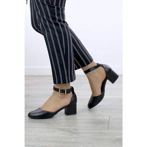 AJVANI Women's Mid Block Heel Ankle Strap 2 Part Heels in Black