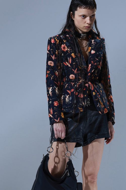 R13 Padded Peak Lapel Shrunken Blazer - Floral With Angels Black