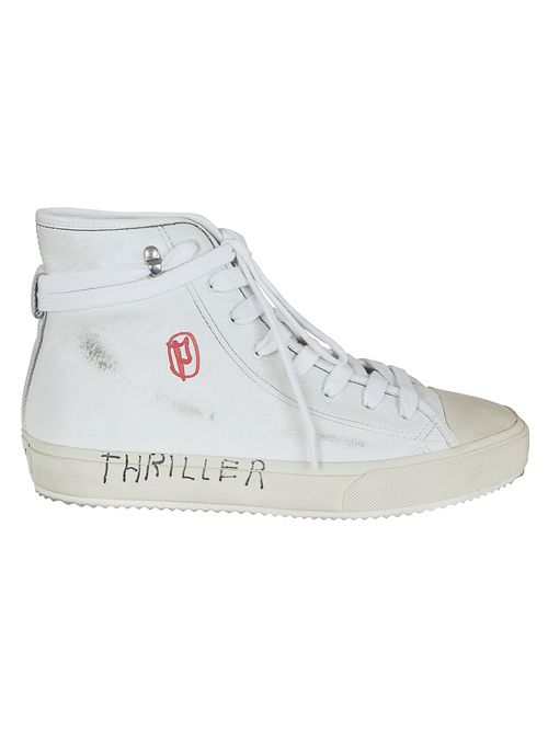 High-Top White Leather Sneakers with Ankle-Wrap Laces