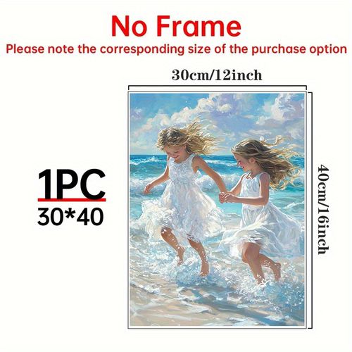 TEMU Playing In Ocean Waves Canvas Poster - Modern Coastal Wall Art Painting With In White Dresses, Turquoise & Blue Hues, Uv-resistant Glossy