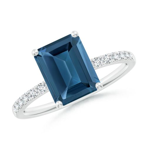 Angara 2.75 Carats Emerald-Cut London Blue Topaz Engagement Ring with Diamonds in Platinum