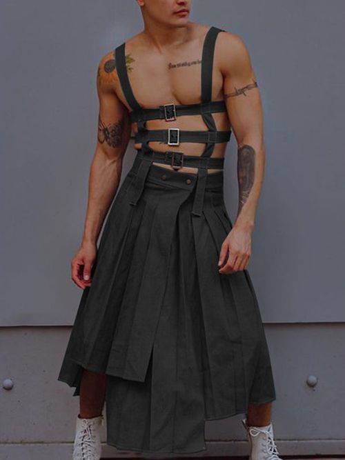 Mens Metal Buckle Irregular Hem Overall Skirt SKUK15242 - Black / S