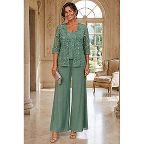 3 Piece Pantsuit Ankle Length Mother of the Bride Dress Sleeveless 3/4 Length Sleeve Scoop Neck Elegant Simple Sparkle Shine Formal Wedding Guest Formal Eveni