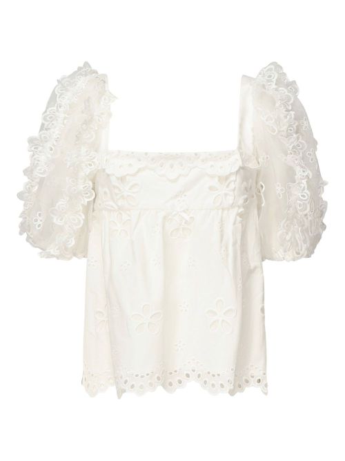 Eyelet-embroidered puff-sleeve top - Neutrals