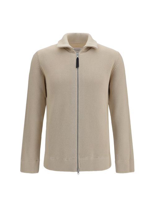 Ribbed Wool-Cotton Zip-Up Cardigan — Beige