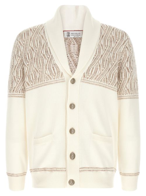 Jacquard Knit Cotton Cardigan — Beige