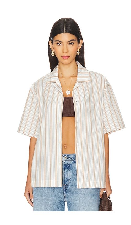 WAO Textured Stripe Camp Shirt in Cream & Blue - Blue. S also in
