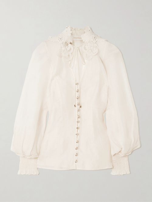 Rebellion Lace-trimmed Gathered Linen And Silk-blend Gauze Blouse - Cream