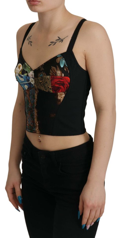 Patchwork Floral Corset Tank Top — Black