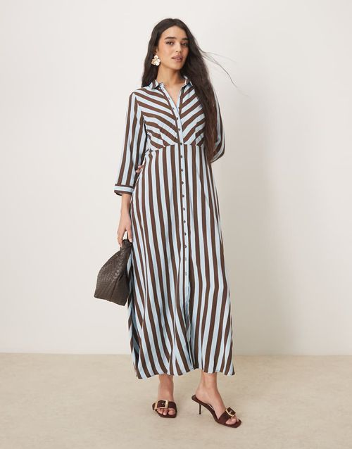 YAS | YAS maxi shirt dress in brown and blue stripe-Multi | Realry