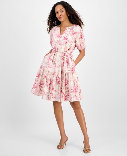 Julia Jordan | Women's Printed Short-Bubble-Sleeve Tie-Waist Dress -  Pink/ivory | Realry