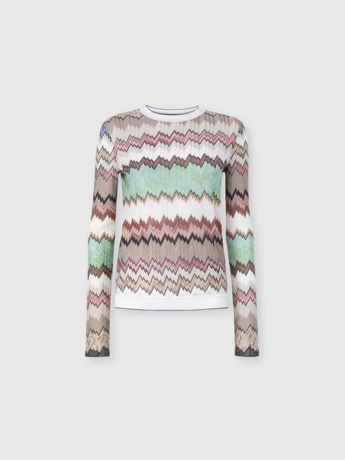 Missoni - Jersey de cuello redondo de viscosa lamé con ribetes en contraste, Mujer, Verde & Marròn