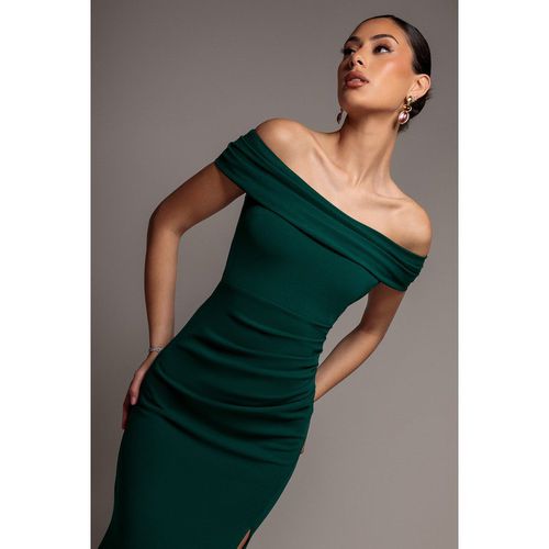 Goddiva Off The Shoulder Maxi Dress With Split - Emerald Green