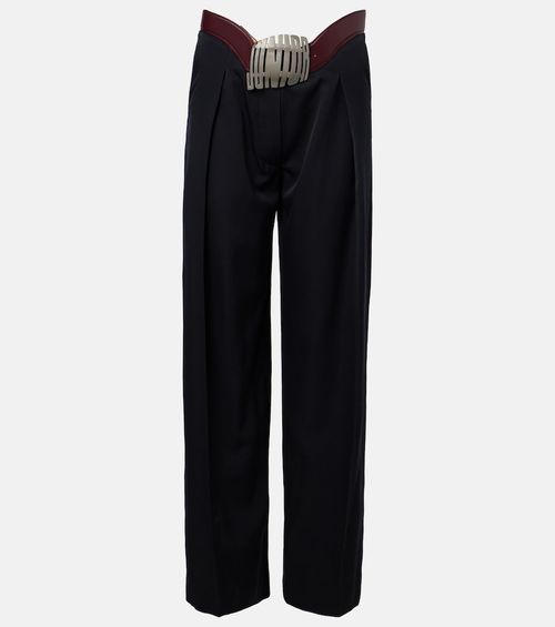 Leather-trimmed wool wide-leg pants